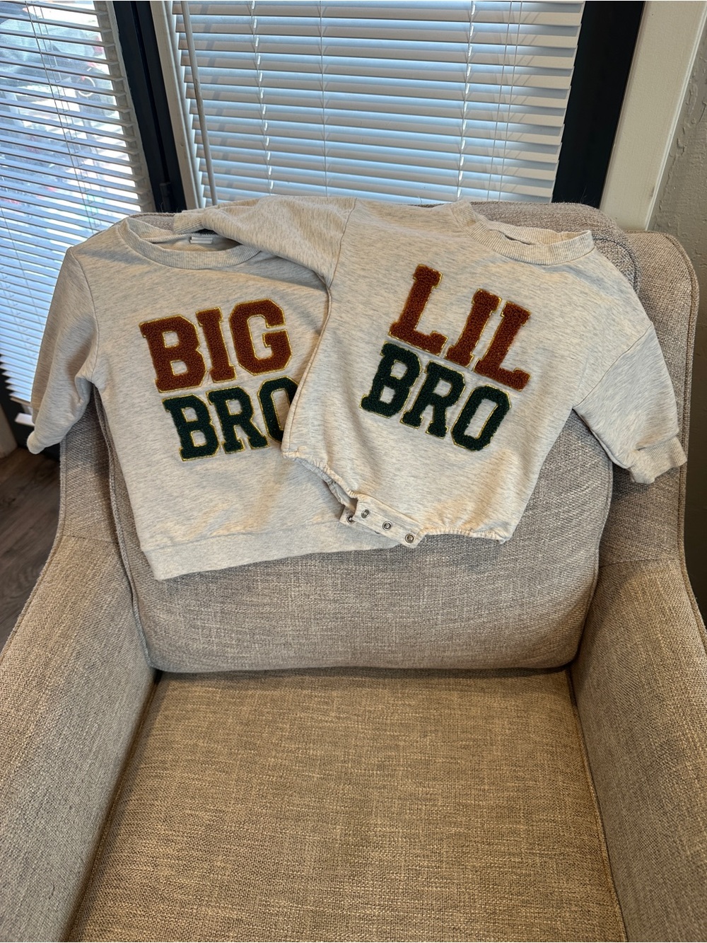 Matching 'Big Bro' + 'Lil Bro' Gray Sweatshirt Set with Green and Rust Lettering
